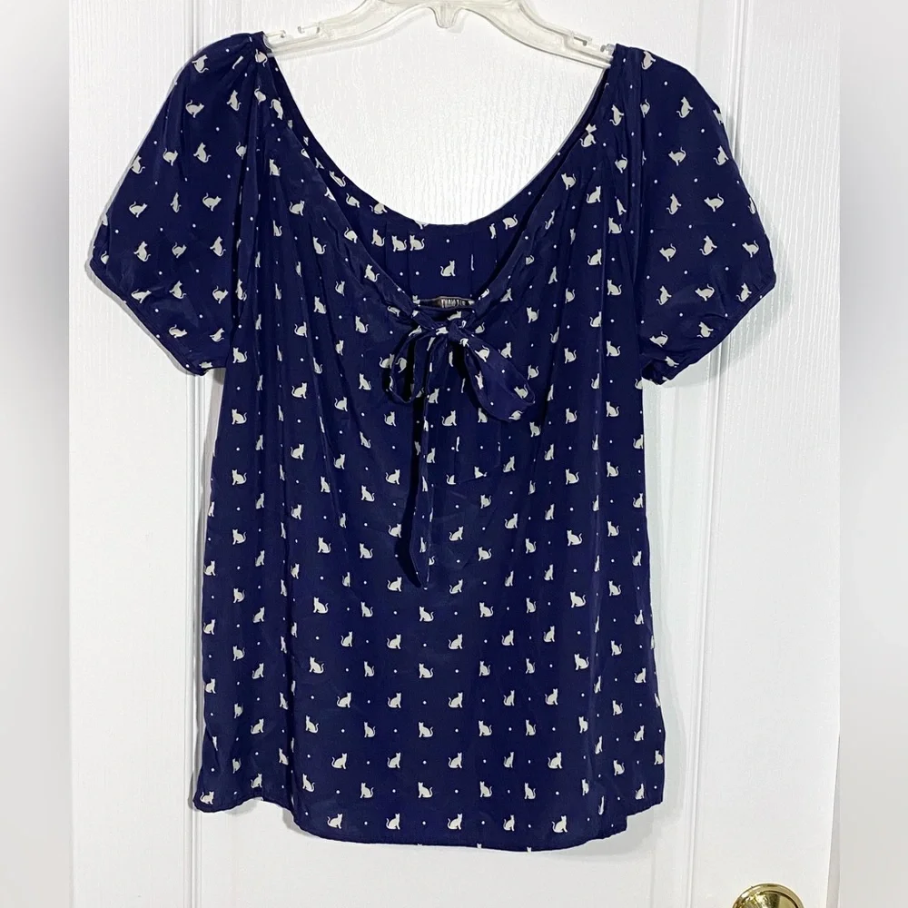 Old Navy CAT Print Puff Sleeve Bow Back Blouse Navy White Large